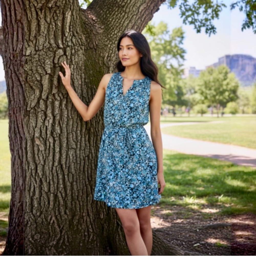 Loft Blue Floral Tie Waist Split V Neck Shift Dress
